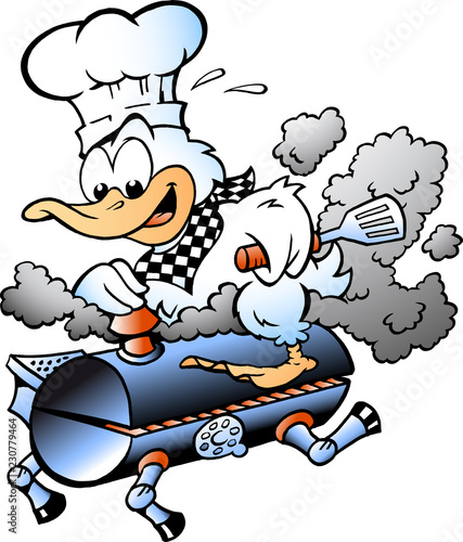 Cartoon Vector illustration of an Chef Duck riding a BBQ grill barrel