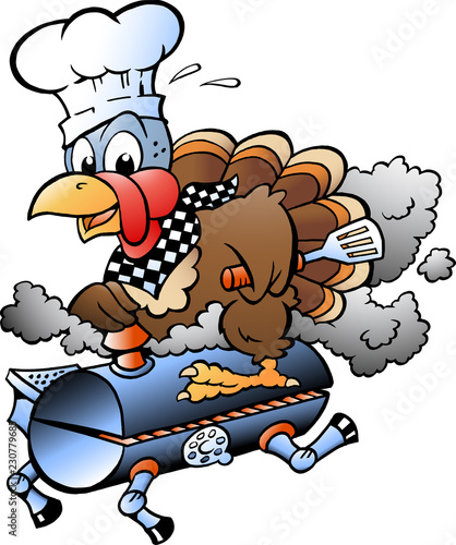 Cartoon Vector illustration of an Thanksgiving Turkey Chef riding a BBQ grill barrel