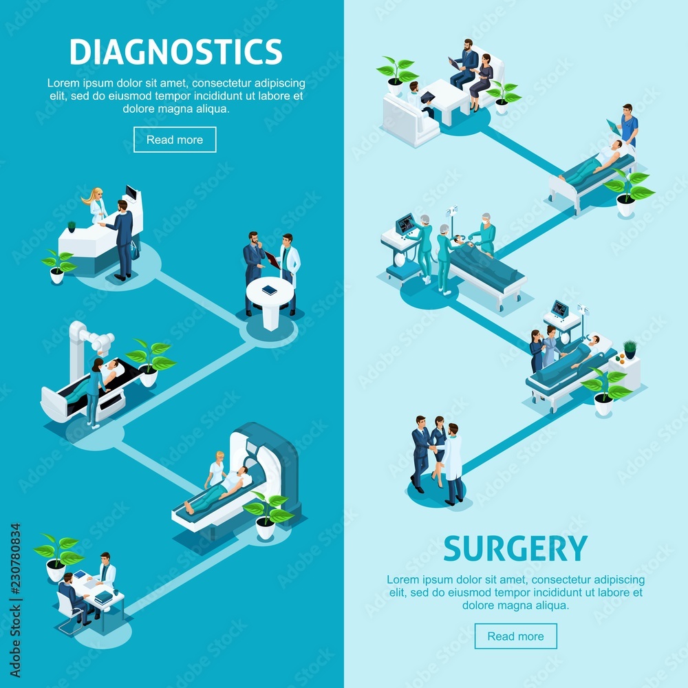 Isometrics concept of the work of a hospital, a medical institution, diagnosis of a patient and detection of a disease, diagnosis, surgery for treatment Isometrics concept of the work of a hospital, a medical institution, diagnosis of a patient and detection of a disease, diagnosis, surgery for treatment