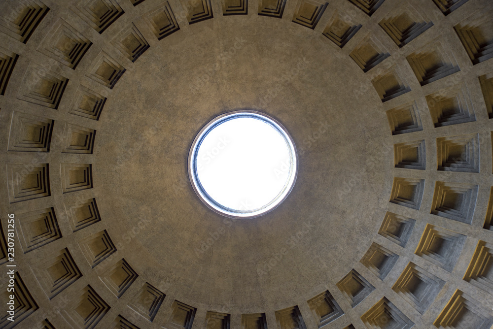 Tourist attractions in Rome, Italy. Pantheon, inside the magnificent dome of the Roman temple