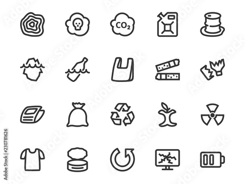 Vector line icon set of garbage and waste sorting. Collection includes waste symbols: papper, organic, plastic, metal, recycling, radioactive, hazardous and others.