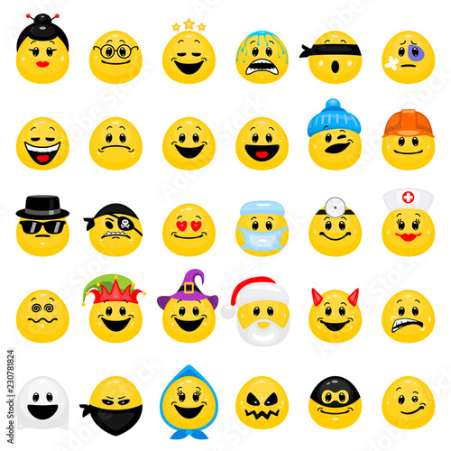 Vector set of different emotions. Collection of smiles in cartoon style isolated on white background