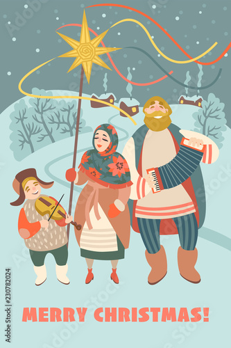 Happy family in traditional East Slavic costumes celebrating Christmas