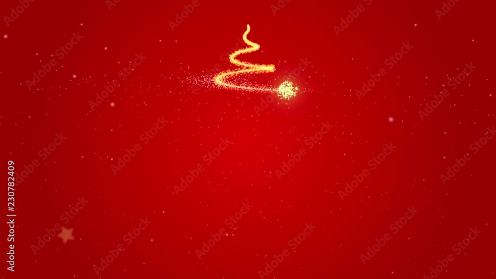 Animierter Weihnachtsbaum, goldenes Feuerwerk und funkelnde Sterne auf rotem Hintergrund