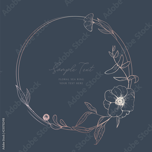 Wedding invitation template; sketched floral branches, anemones, algae, gold and pink geometric ring, on navy background. Nautical art. Marine wedding style. Flourishes ring & wreath.