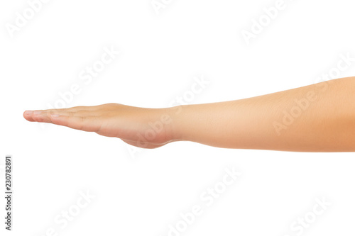 Side view of human hand in reach out one's hand gesture isolate on white background with clipping path, Low contrast for retouch or graphic design