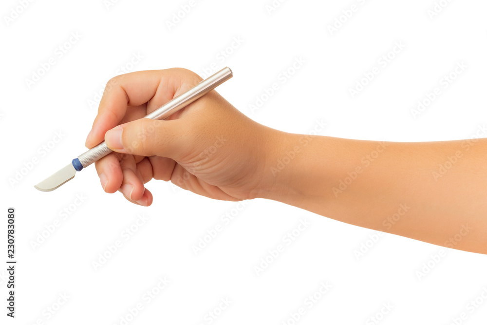 Human hand holding scalpel in slit or lance gesture isolate on white background with clipping path, High resolution and low contrast for retouch or graphic design Human hand holding scalpel in slit or lance gesture isolate on white background with clipping path, High resolution and low contrast for retouch or graphic design