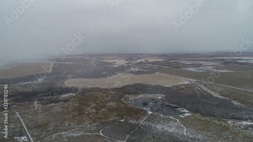 Aerial view of the first Snowfall in the Field