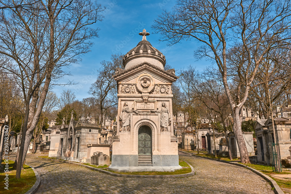PARIS, FRANCE -APRIL 4, 2018: Pere Lachaise Cemetery is the largest cemetery in the city of Paris 