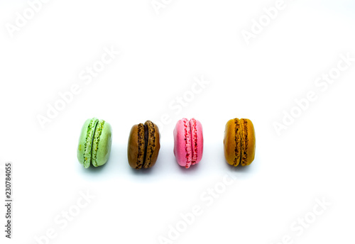 text card macarons isolated on white background, sweet colorful macarons in row