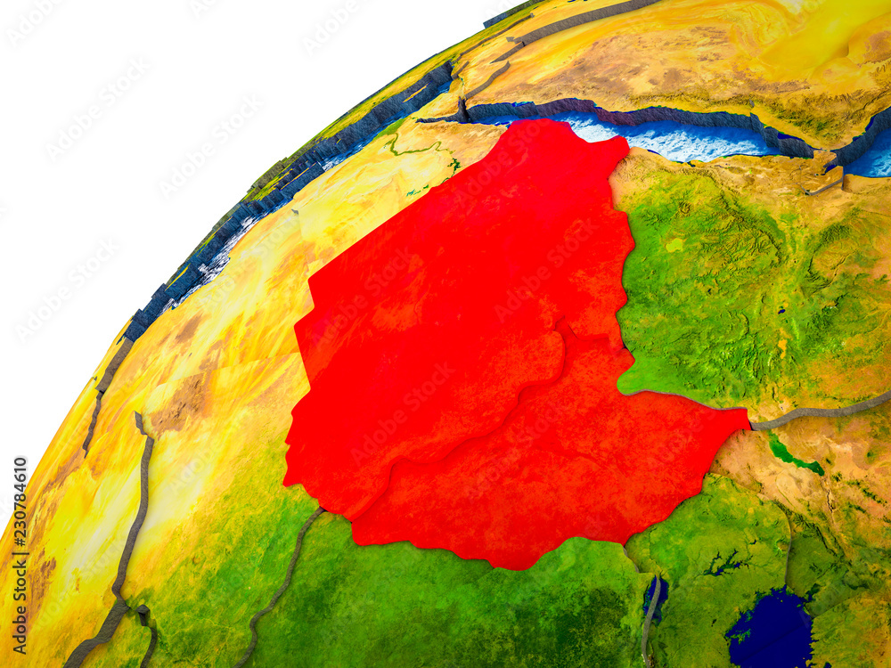 Former Sudan on 3D Earth model with visible country borders.
