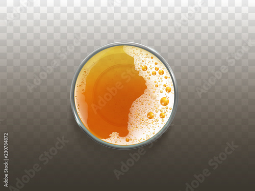 Vector realistic beer in glass, frothy drink top view. Golden transparent alcohol liquid, ale or lager in cup for party, celebration. Fresh product of brewery with foam, bubbles isolated on background