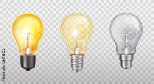 Vector realistic set with incandescent lamps, glowing yellow light bulbs, isolated on transparent background. Electric lightbulb, symbol of creative ideas, business solutions, innovations