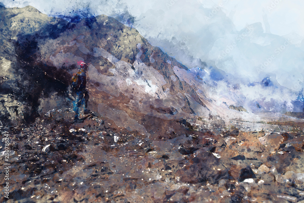 Obraz premium Abstract mountain peak watercolor painting in blue, digital illustration