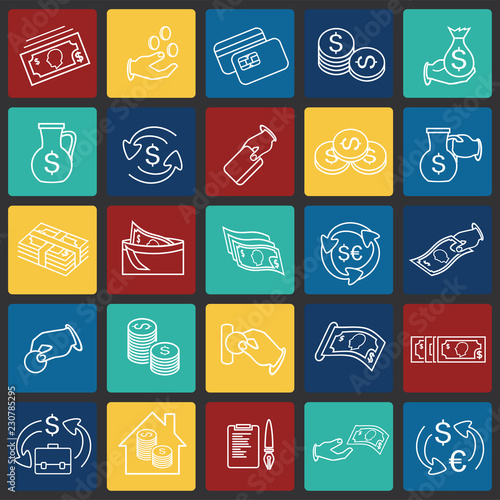 Money and finance thin line set on color squares flat background icons