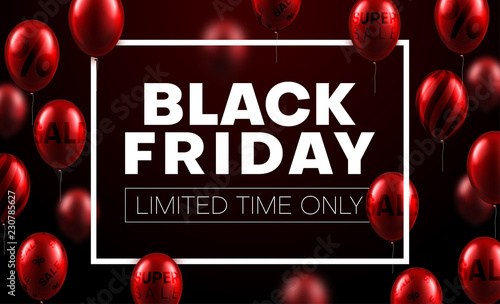 Black friday sale promotion poster with white frame and red balloons.