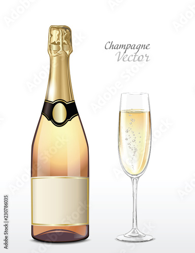 Vector bottle of pink champagne and full champagne glass
