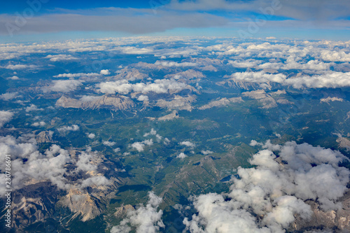 A view over the Austian Alps taken from an aeroplane 