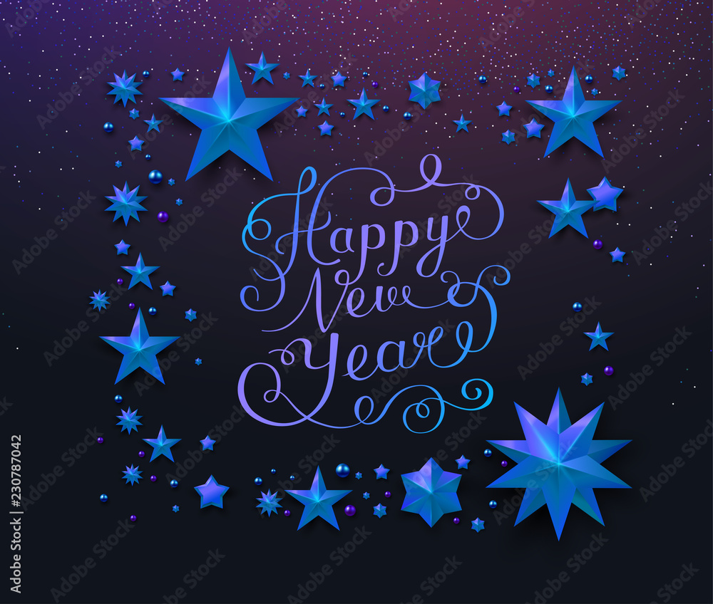Happy New Year shiny greeting card with blue stars and confetti. Happy New Year shiny greeting card with blue stars and confetti.