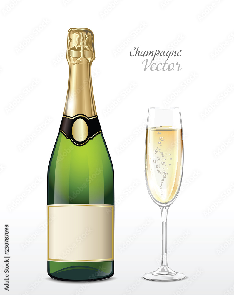 Vector bottle of classic champagne and full champagne glass
