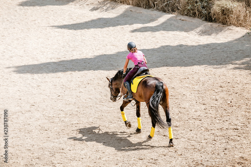 Woman riding a horse at the race track. Equestrian sport and hobby concept