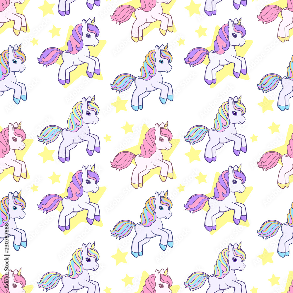 Running cute Cartoon Unicorns seamless pattern. Vector illustration