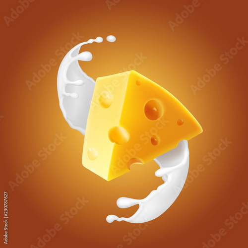 Triangular piece of cheese in milk splash