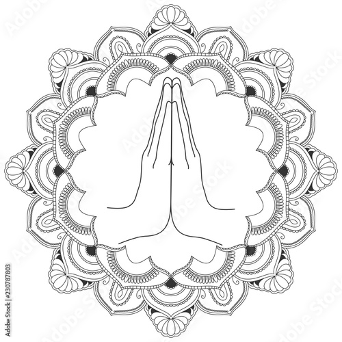 Namaste with decorative indian ornament mandala on white background. Vector illustration