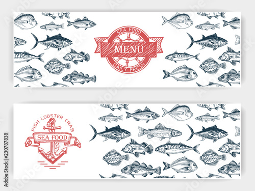 Vector illustration sketch - fish market. Card menu seafood. vintage design template, banner.