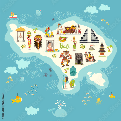 Bali map vector. Illustrated map of Bali for children/kid. Cartoon abstract atlas of Bali with landmark: gazebo, Temple, motorcycle and balinese dancer