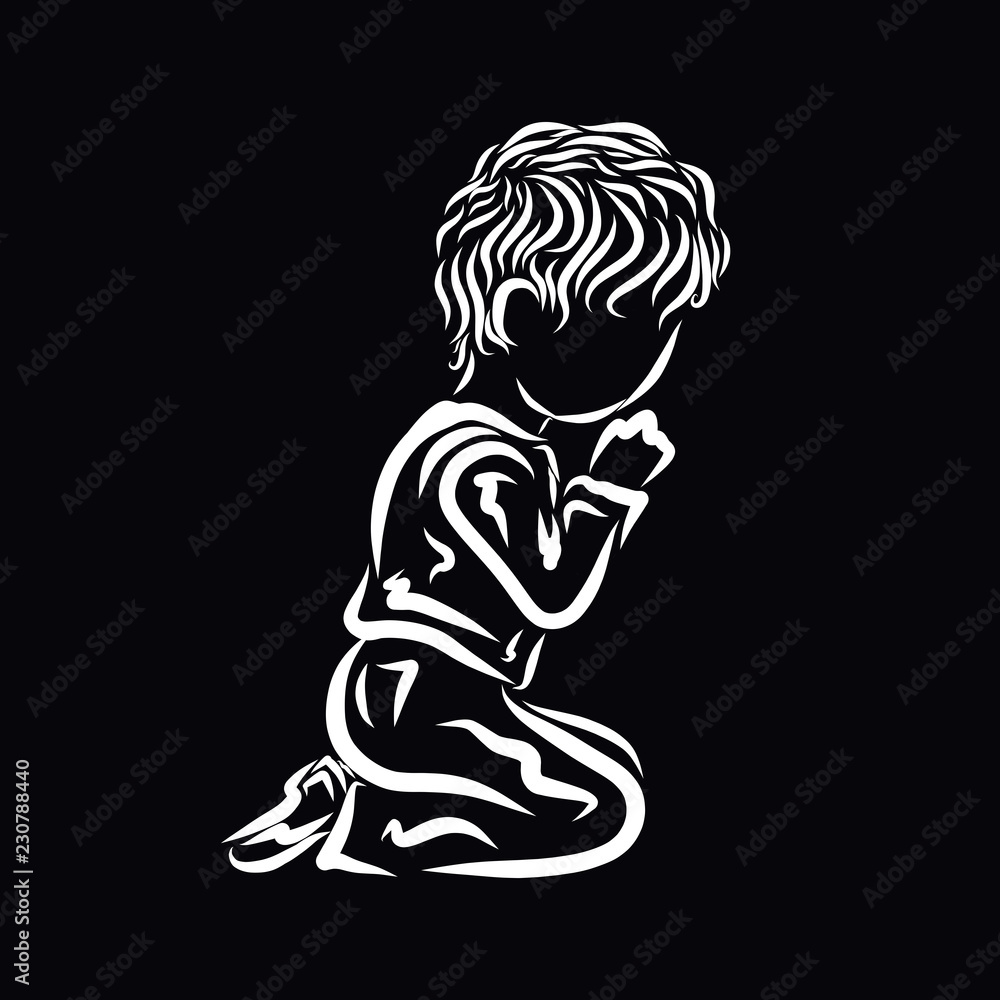 A child humbly praying to God on his knees, black background A child humbly praying to God on his knees, black background