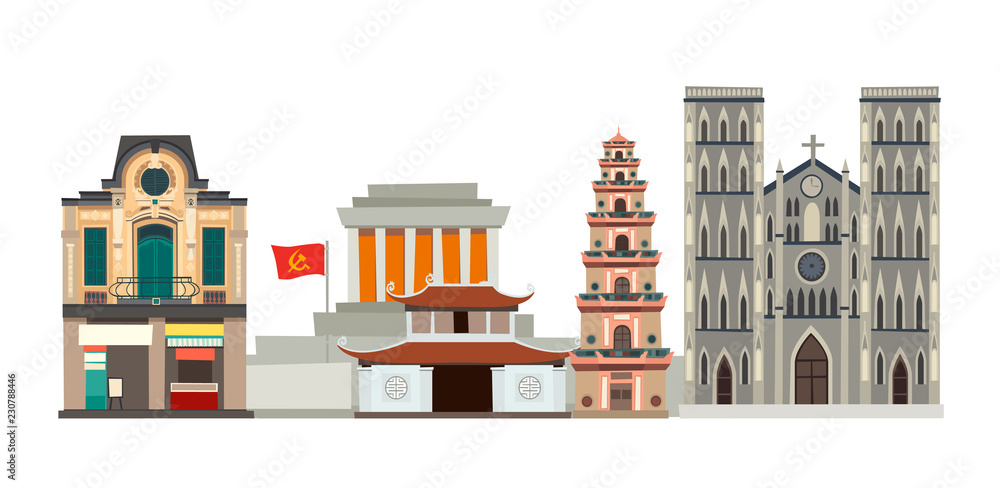 Vietnam skyline vector illustration. Abstract street with front house, pagoda, church and mavsoleum in cartoon style. Isolated on white background