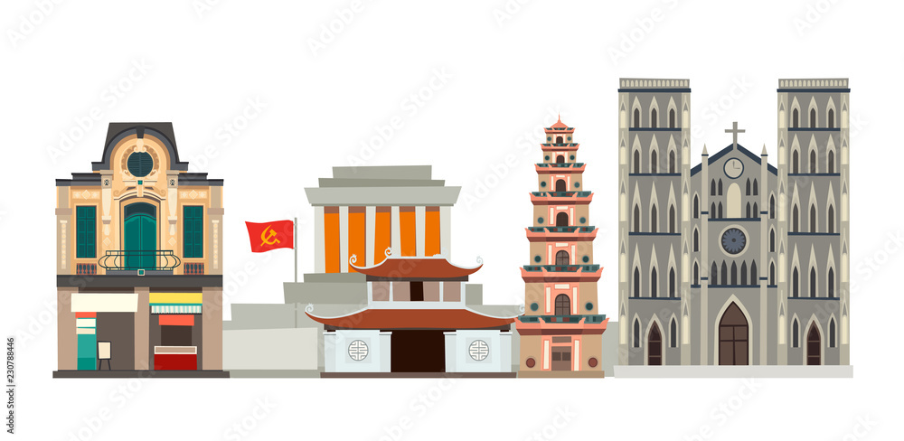 Vietnam skyline vector illustration. Abstract street with front house, pagoda, church and mavsoleum in cartoon style. Isolated on white background Vietnam skyline vector illustration. Abstract street with front house, pagoda, church and mavsoleum in cartoon style. Isolated on white background
