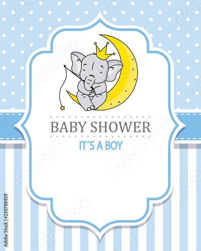 baby shower boy. cute elephant fishing stars sitting on the moon. Space for text