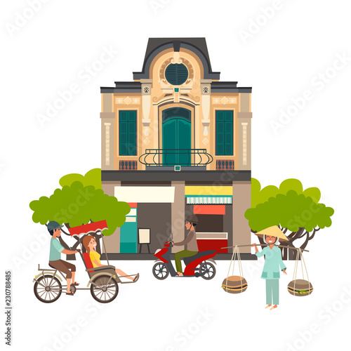 Vietnam street vector illustration. Abstract street with front house. People on motorbike and asian woman. Isolated on white background