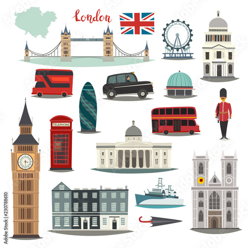 London vector illustration big collection. Cartoon United Kingdom icons: Royal Guard, Bridge Tower and red bus. Westminster Abbey and Big Ben architecture. Tourist landmarks and attraction