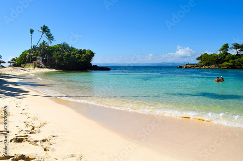 Fototapeta Naklejka Na Ścianę i Meble -  Caribbean beach with turquoise ocean, some tropical plants and palms. blue sky, paradise island, cayo levantado