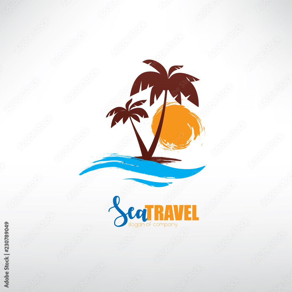 seascape with palm trees on island and ocean waves, stylized vector symbol
