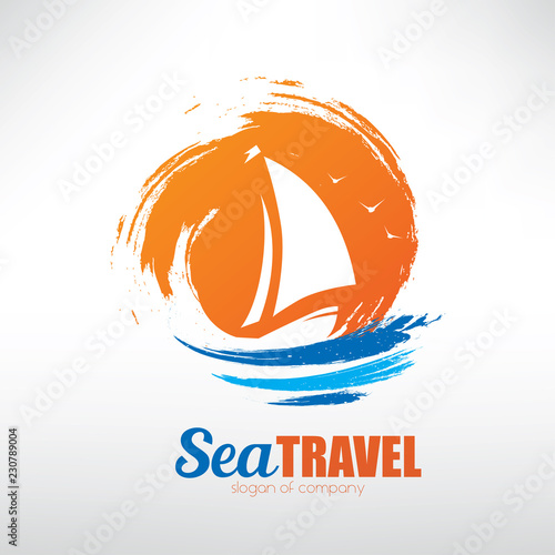 sail boat on seascape background, stylized vector symbol photo