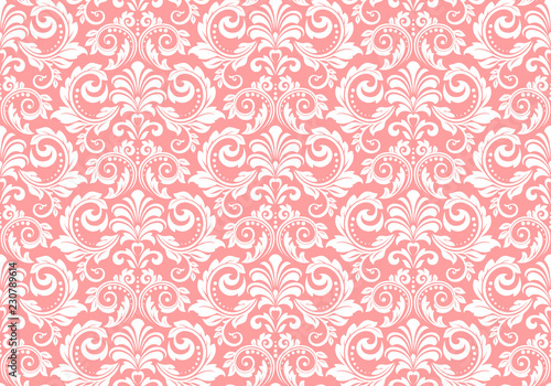 Wallpaper in the style of Baroque. Seamless vector background. White and pink floral ornament. Graphic pattern for fabric  wallpaper  packaging. Ornate Damask flower ornament