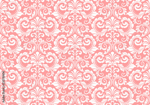 Wallpaper in the style of Baroque. Seamless vector background. White and pink floral ornament. Graphic pattern for fabric, wallpaper, packaging. Ornate Damask flower ornament