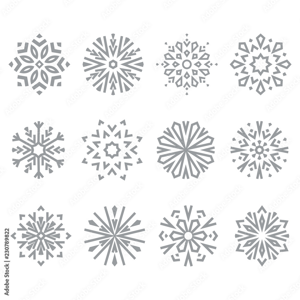 Snowflakes icon collection. Graphic vector modern grey ornament. Snowflakes icon collection. Graphic vector modern grey ornament.