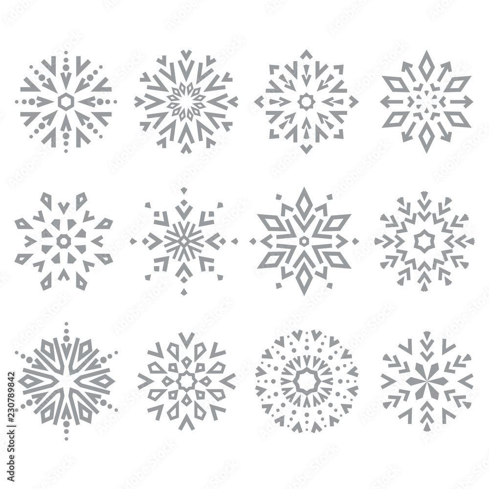 Snowflakes icon collection. Graphic vector modern grey ornament. Snowflakes icon collection. Graphic vector modern grey ornament.