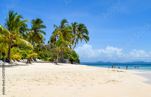 Paradise beach in caribbean sea, white beach, plams and turquoise ocean, some tourists at the beach in the dominican republic