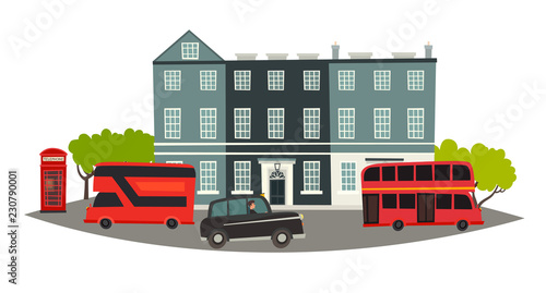 London skyline vector Illustration. House, Red telephone booth and england transport: black taxi and red traditional bus. London attraction hand drawn banner