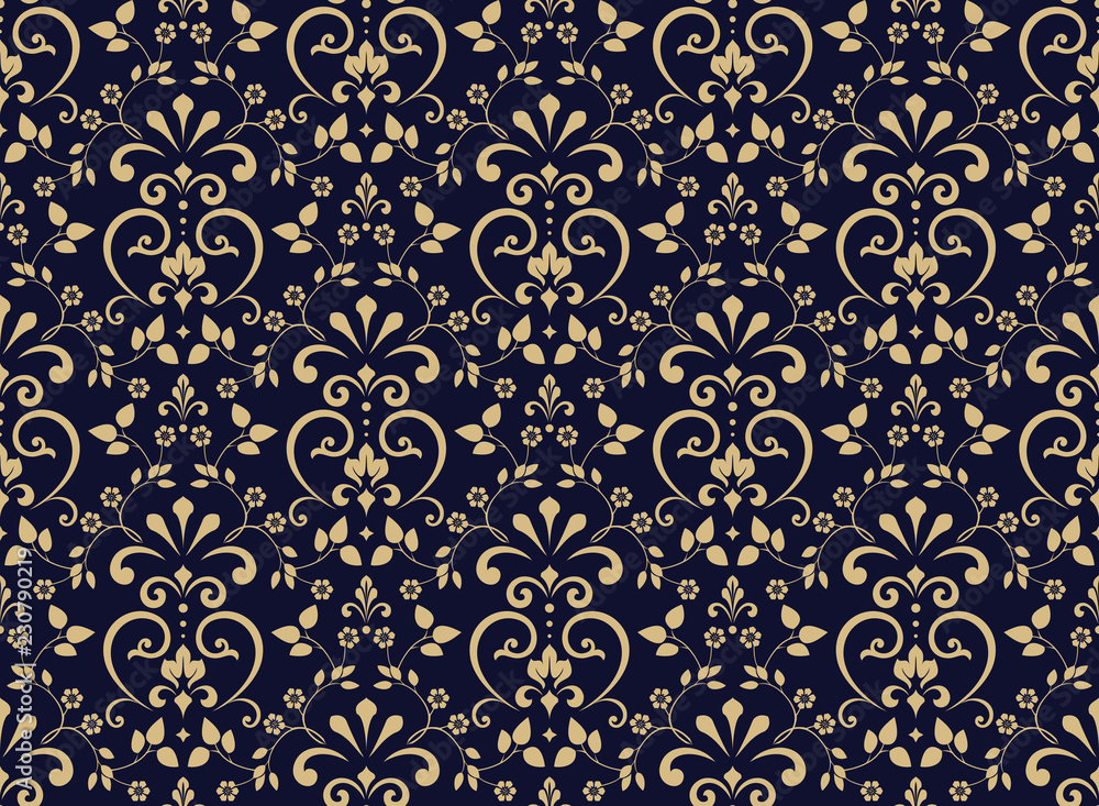 Wallpaper in the style of Baroque. Seamless vector background. Blue and gold floral ornament. Graphic pattern for fabric, wallpaper, packaging. Ornate Damask flower ornament
