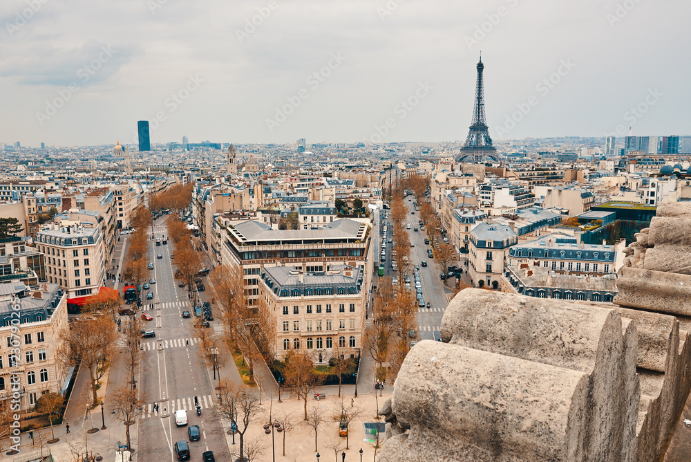 PARIS, FRANCE -APRIL 9, 2018: View from the Arc de Triomphe to the city