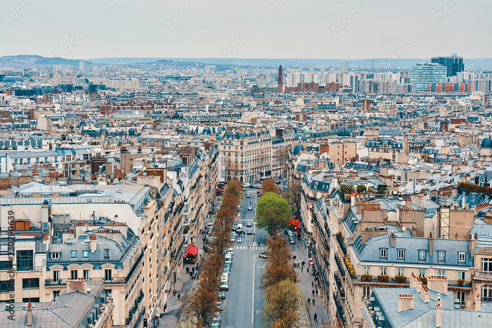 PARIS, FRANCE -APRIL 9, 2018: View from the Arc de Triomphe to the city