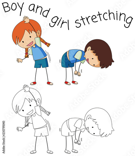 Doodle children stretching on white background