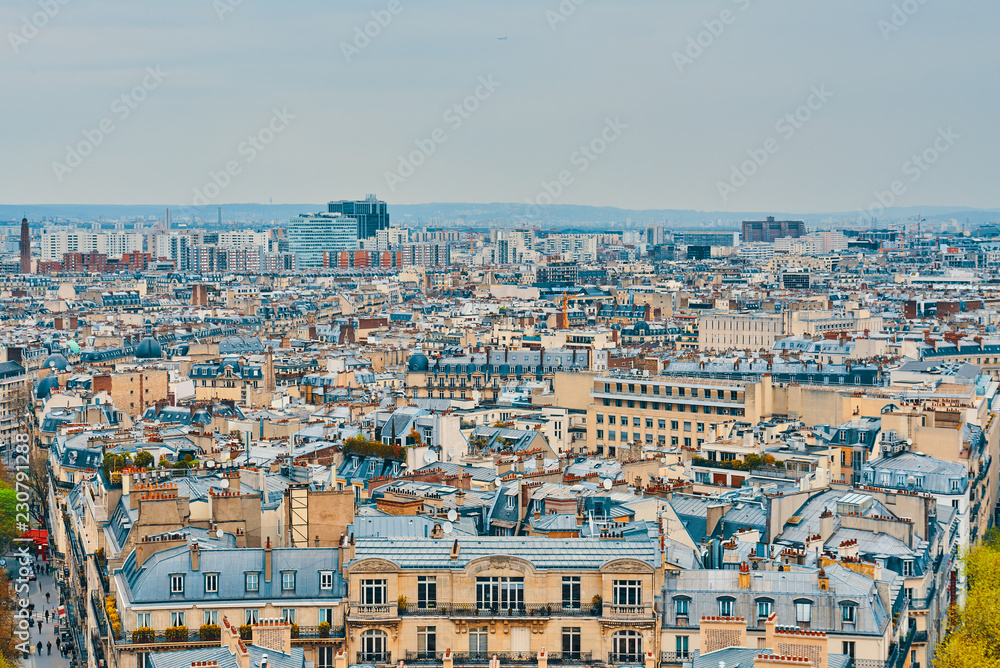 PARIS, FRANCE -APRIL 9, 2018: View from the Arc de Triomphe to the city PARIS, FRANCE -APRIL 9, 2018: View from the Arc de Triomphe to the city